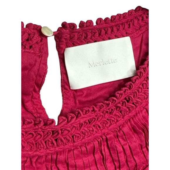 Merlette Marfa Top XS Deep Pink Woven Blouse Smocked Neckline Puff Sleeve Lined - Picture 3 of 10